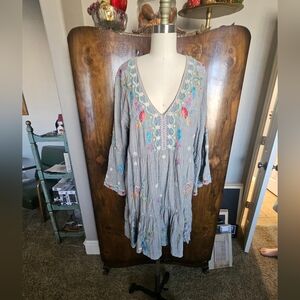 Johnny Was Gray Floral Embroidered Mini Dress